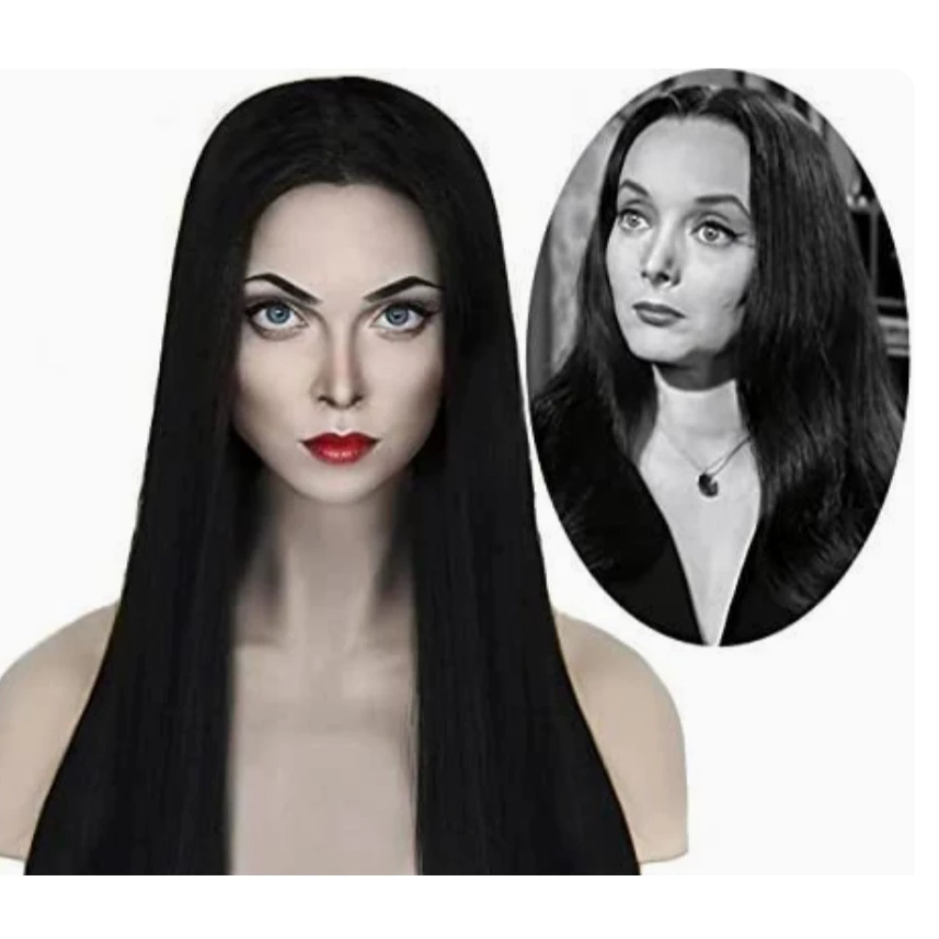 Addams family แม่ Addams ผมดำยาวตรง กลาง วิกผมฮาโลวีน ชุดวิกผมอนิเมะ