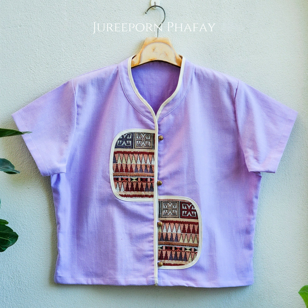 F1468 เสื้อฝ้ายฟอกนุ่ม คอจีน เก็บขอบกุ๊นสวย ม่วงอ่อน แขนสั้น