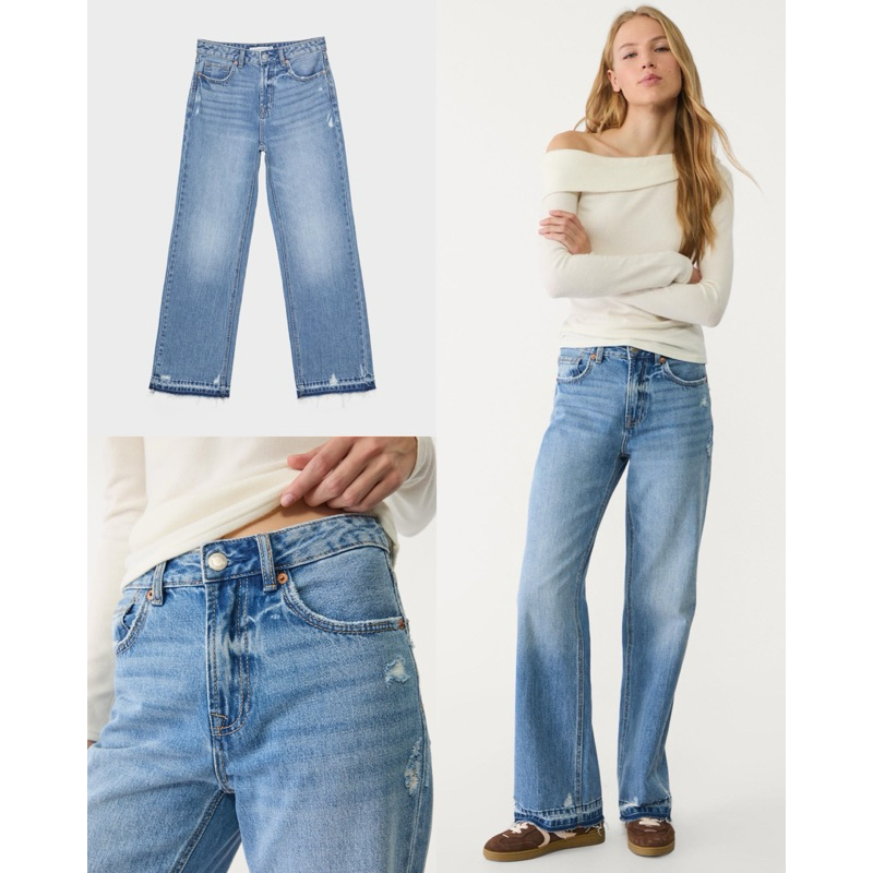 (ของแท้💯) Stradivarius jeans D92 regular wide กางเกงยีนส์ มีดีเทลตรงปลายขา