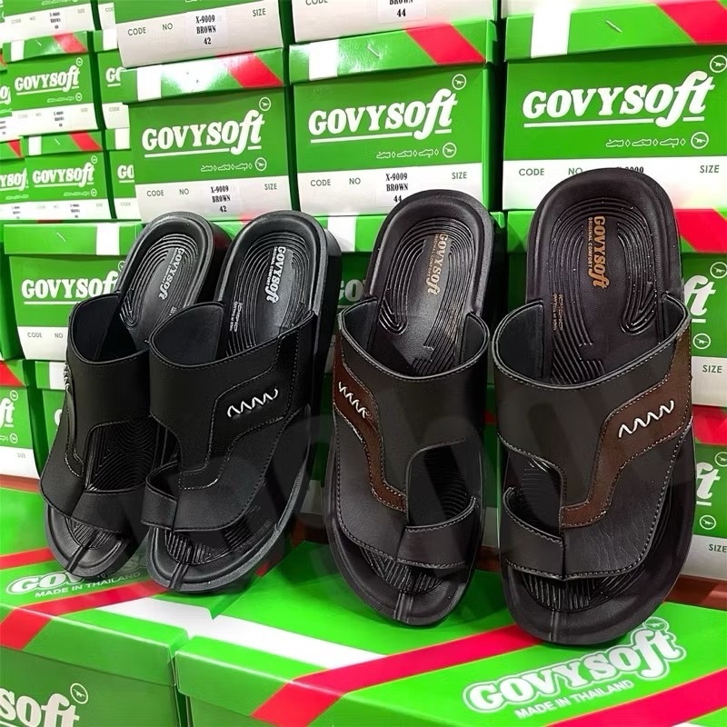 รองเท้าแตะรุ่นX9009 ครีบโป้ง หูครีบ สวมนิ้วโป้ง ยี่ห้อโกวี่ govysoft พื้นpu สีดำน้ำตาล รองเท้าวินเทจ