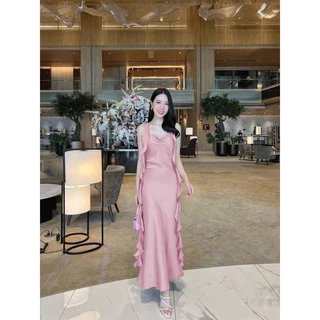 ชุดราตรีออกงาน เดรสยาว แต่งระบายเกลียวยาว งานมีซับใน ผ้าซาตินเงาเนื้ออย่างดี