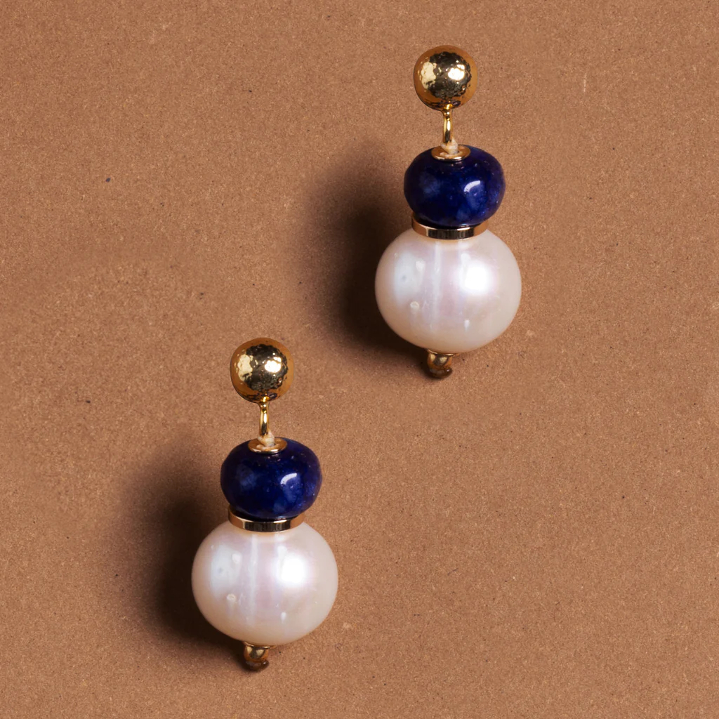 WHITE PEARL BLUE LAPIS EARRINGSต่างหูมุกหินมงคลลาปิสลาซูรี