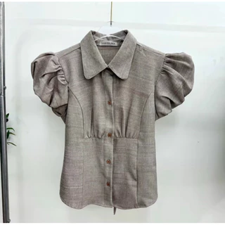 เสื้อเชิ๊ตคอปก แขนฟักทอง ผ้าสโนว์ ด้านหลังมีสายปรับเข้ารูป