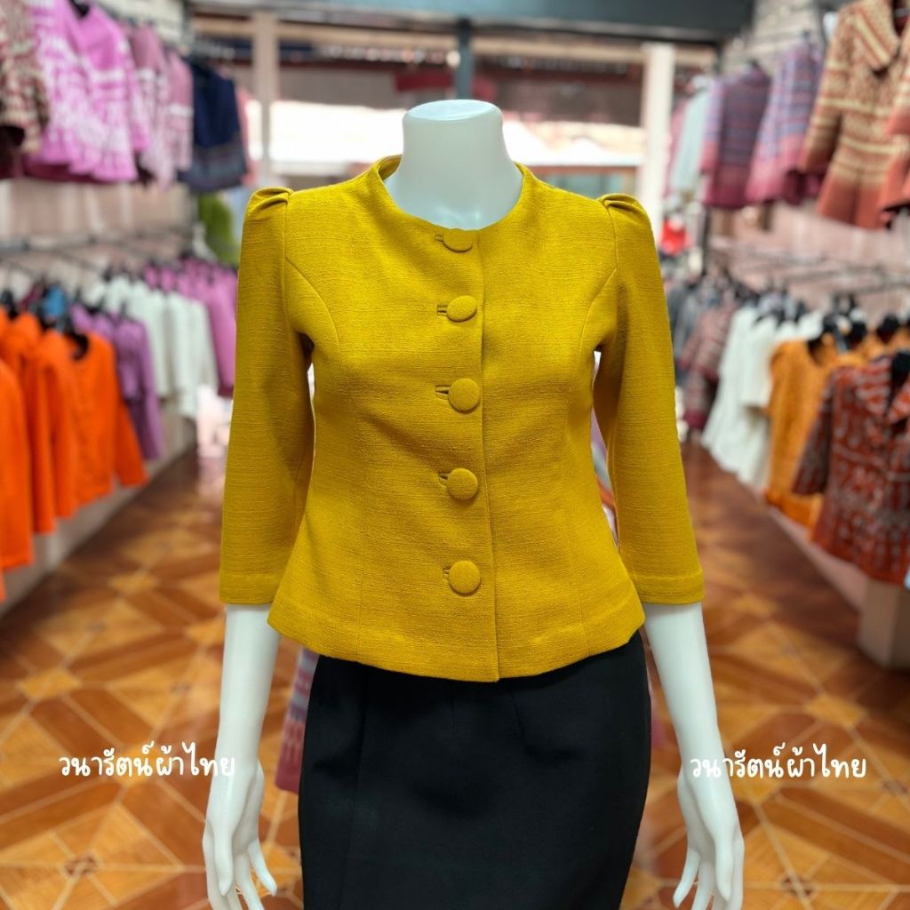 วนารัตน์ผ้าไทย เสื้อผู้หญิง ผ้าฝ้าย คอกลมปีน แขนสามส่วน อัดผ้ากาว