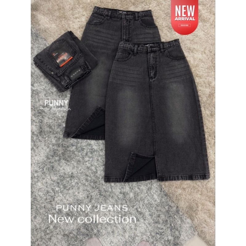 Punny jeans กระโปรงยีนส์ผ่าหน้ายีนส์ไม่ยืด แพทเทรินเป๊ะเอวสูงเก็บพุงสะโพกดีมาก