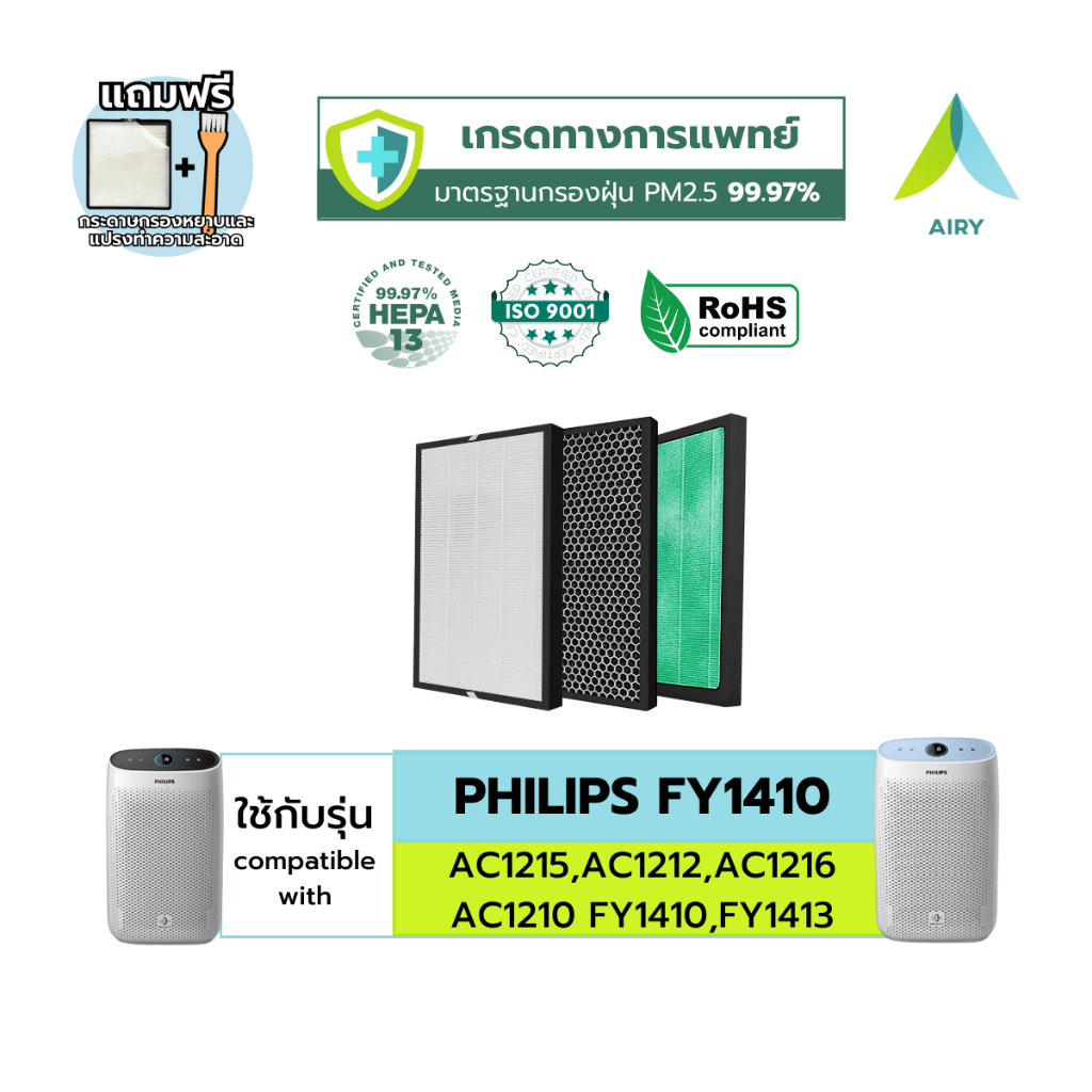 AIRY ไส้กรองอากาศ ไส้กรอง PHILIPS  FY1410 กรอง อากาศ ฝุ่นPM2.5 กลิ่น ไวรัส เกรดแพทย์ HEPA H13