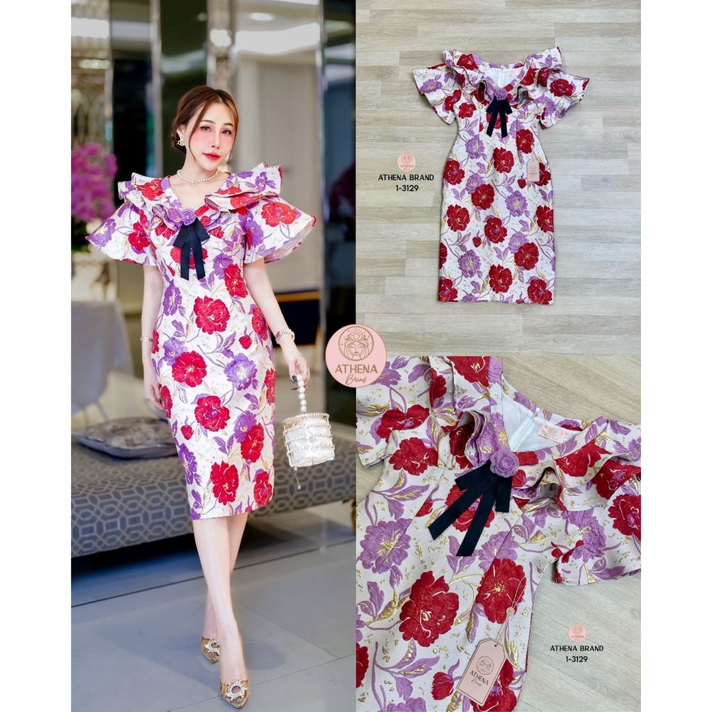 Athena Brand 1-3129 ชุดเดรสดีไซน์คอวีแต่งระบายช่วงคอ มาพร้อม เข็มกลัด