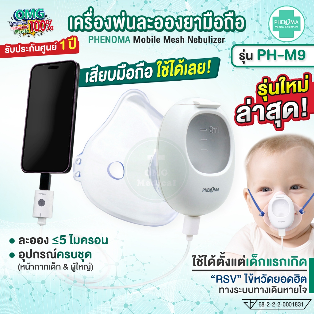 ใหม่ เครื่องพ่นยาเด็ก เสียบกับมือถือ PHENOMA เครื่องพ่นละอองยาเด็ก ผู้ใหญ่ Ultrasonic Mesh Nebulizer