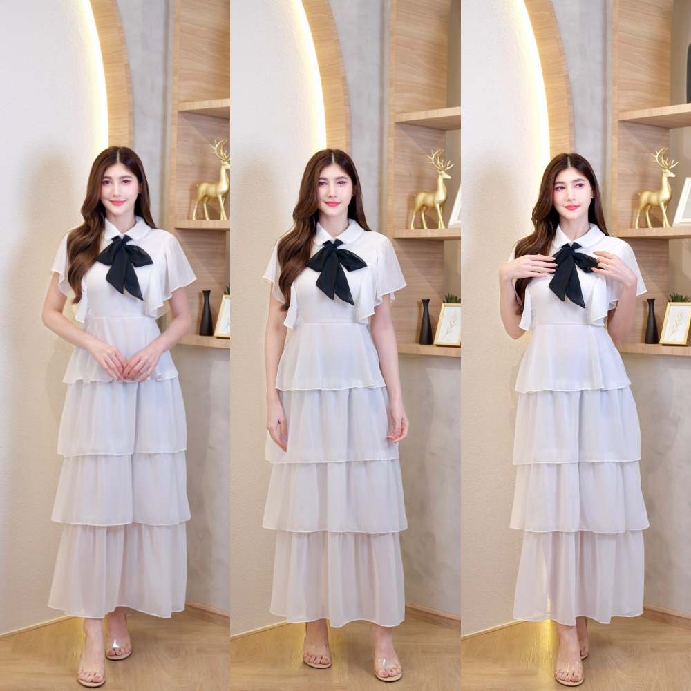 เดรสยาวผ้าซีฟองคอปกแขนระบายโบว์หน้าแต่งระบายชั้นๆซิปหลังพร้อมสายผูกเอว A5722