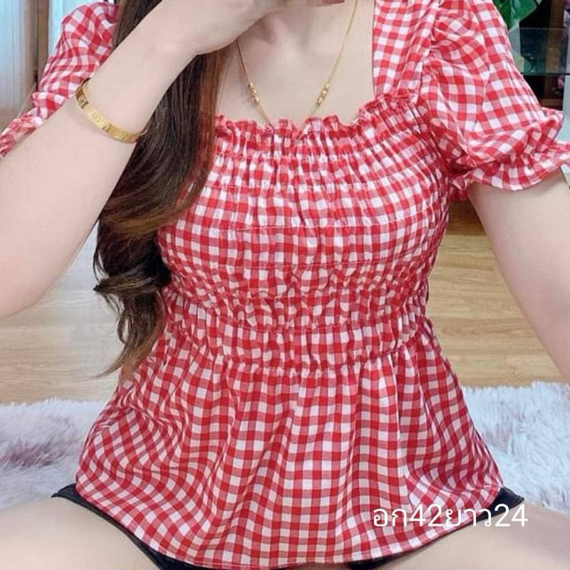 เสื้อสม้อคแขนสั้นตุ้กตาลายสก้อตสีแดงน่ารักๆ