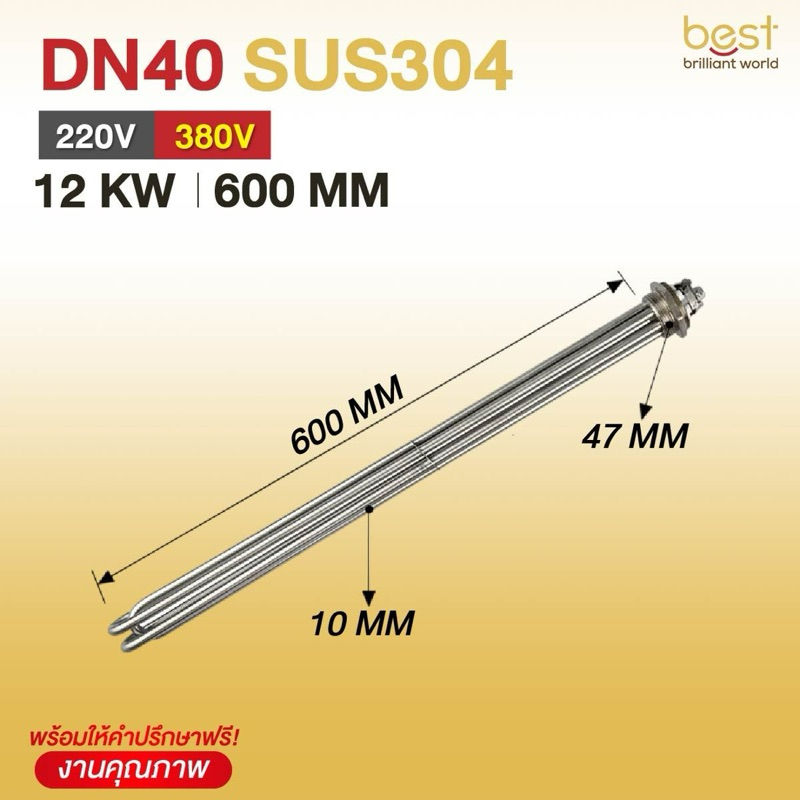 ฮีตเตอร์ต้มน้ำ/ฮีตเตอร์จุ่ม (Immersion Heater) SUS304 12KW 220/380V DN40 (ยาว 600mm)