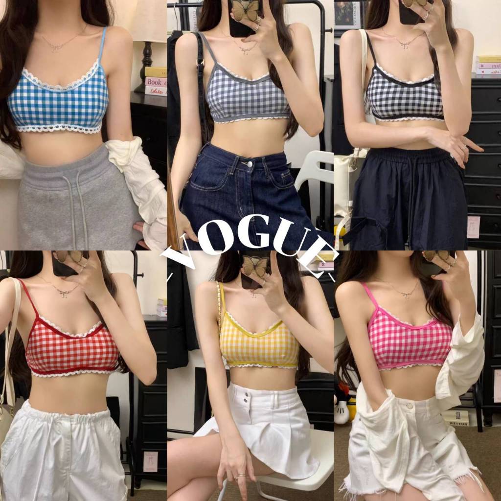 Vogue🌟พร้อมส่ง🌟 บราสายเดี่ยว มีฟองน้ำ สม๊อคด้านหลัง ดีเทลลายสก๊อต (FY756)