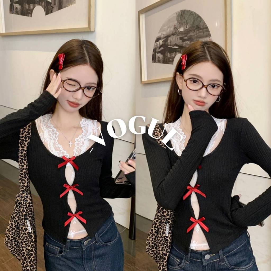 Vogue🌟พร้อมส่ง🌟 เสื้อแขนยาว แต่งสองชั้น สวยและปัง ติดโบว์แดง (FY257)