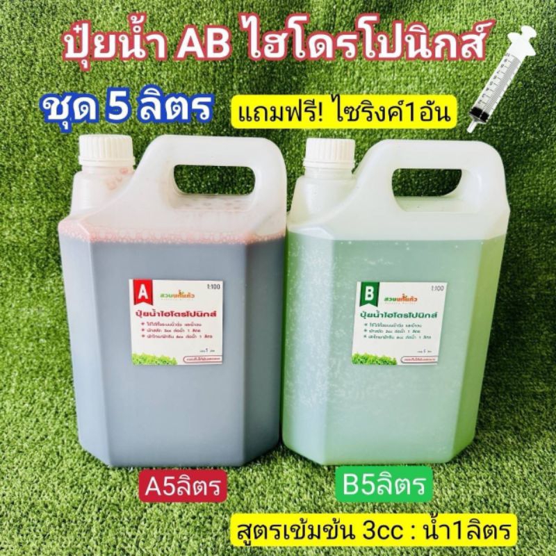 ปุ๋ยน้ำ AB ไฮโดรโปนิกส์ ปุ๋ยน้ำ ผักสลัด สูตรเข้มข้น(1:100) ขนาด 5 ลิตร(A5L+B5L) **ฟรีไซริงค์ Nipro1อัน**