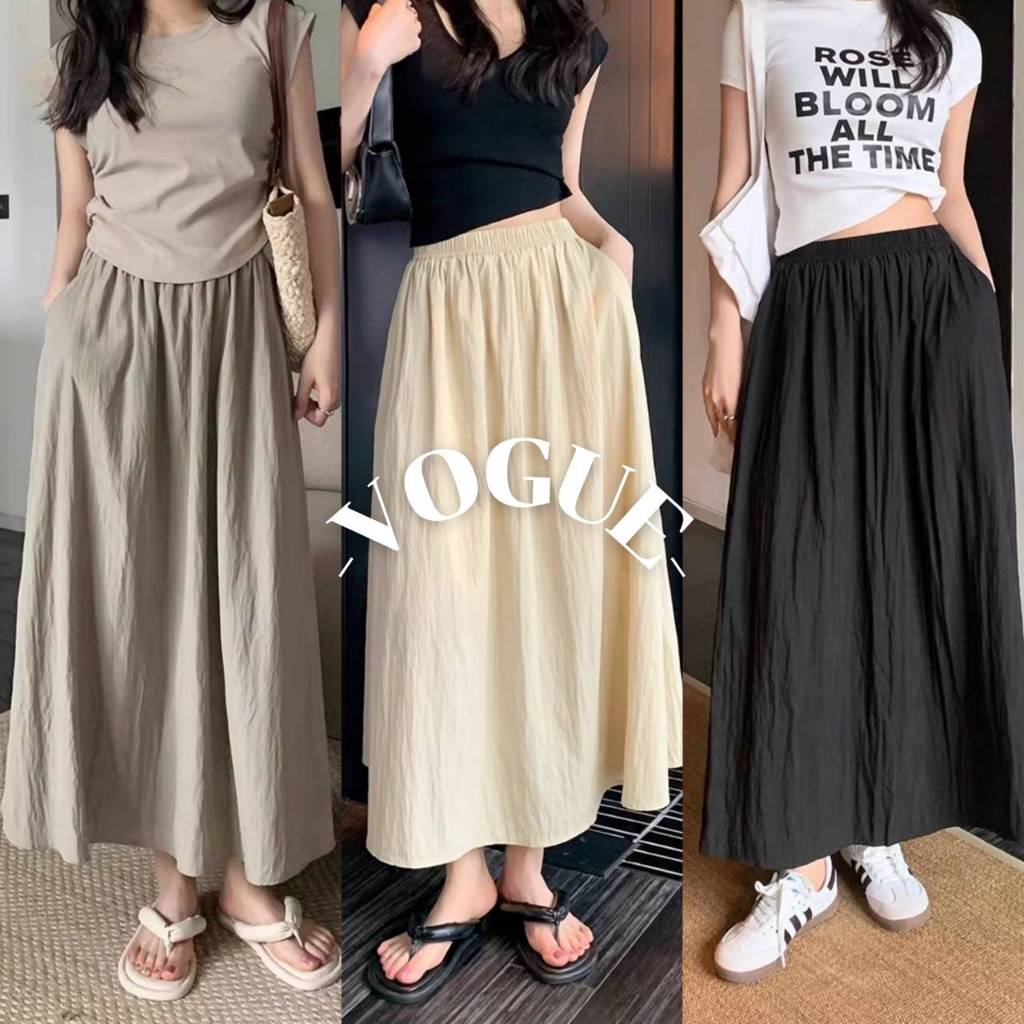 Vogue🌟พร้อมส่ง🌟 กระโปรงยาว เอวสม๊อค สีพื้นสไตล์มินิมอล ใส่สบาย (K12)
