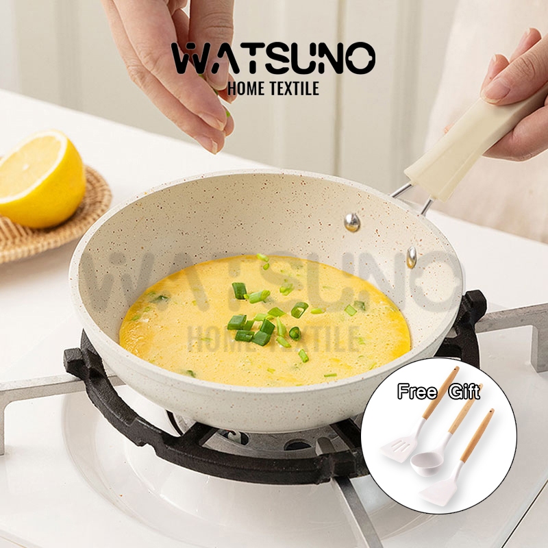 Watsuno.(โบนัสเครื่องครัวซิลิโคน)กระทะ กระทะเคลือบหินอ่อน กระทะหินอ่อน กระทะไม่ติด ทำความสะอาดง่ายใช้ได้กับเตาทุกประเภท