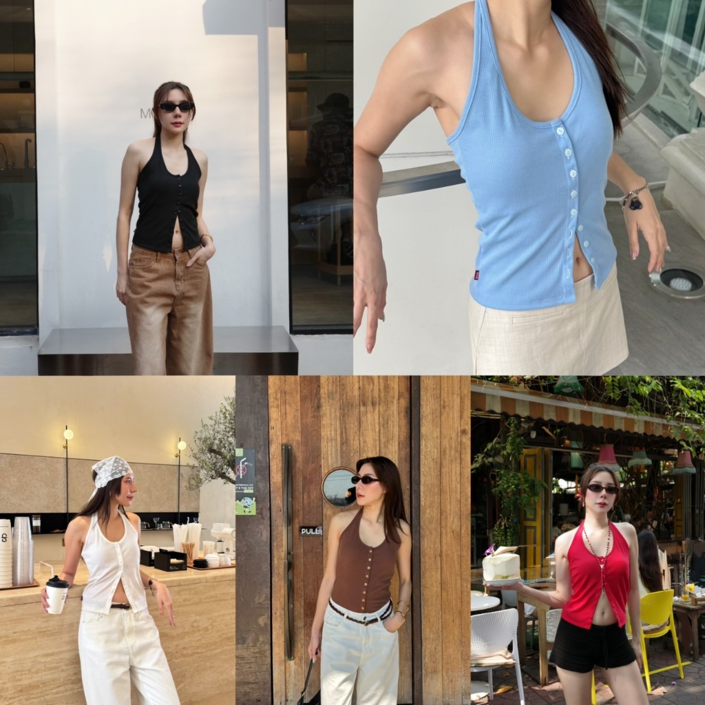 BXB - HARLET TOP เสื้อคล้องคอสีพื้นติดกระดุม