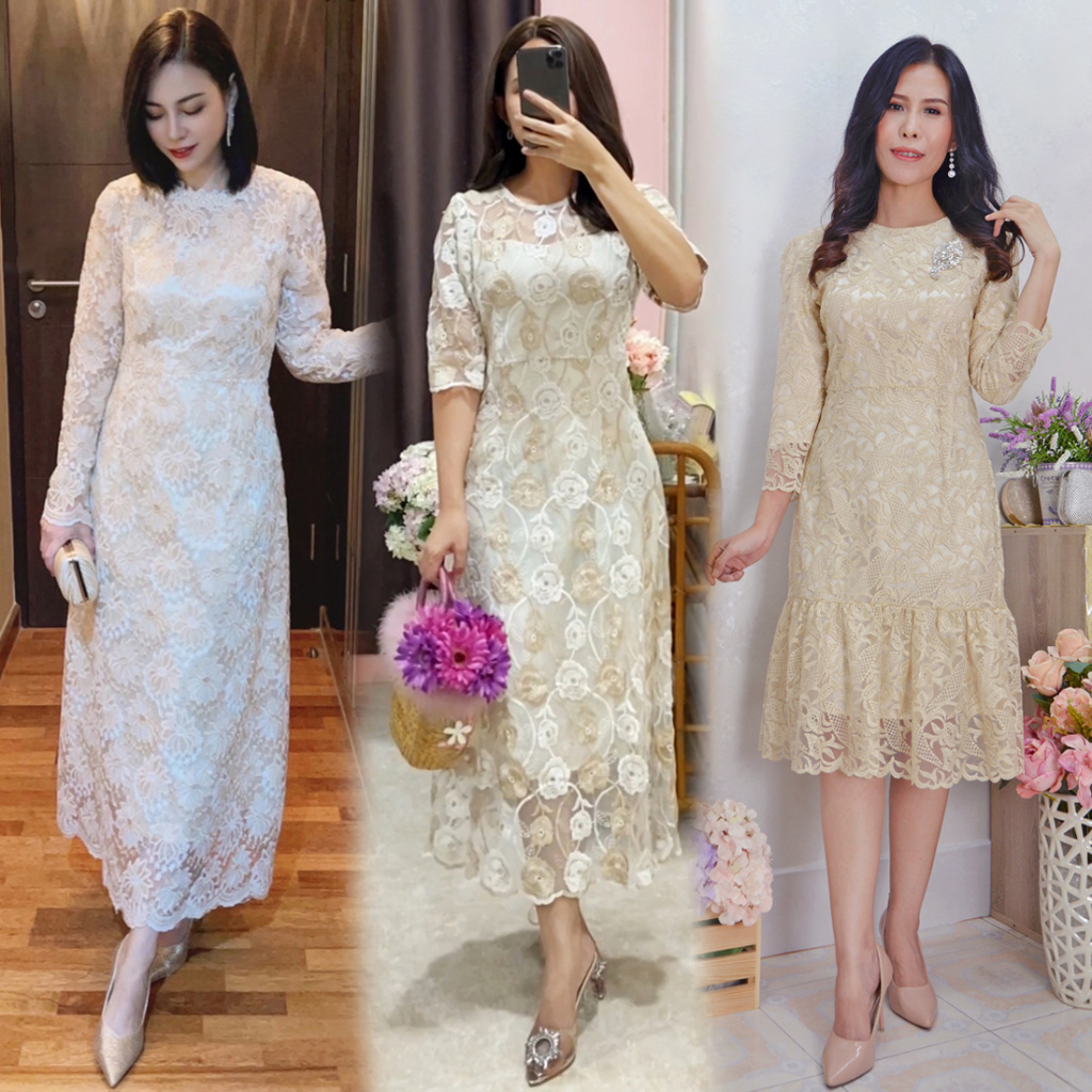 M-XL ชุดเดรสลูกไม้โทนสีครีมทอง แขนยาว  #ชุดทำบุญ #ชุดราตรี ใส่ไปงานแต่ง งานบุญ งานบวช