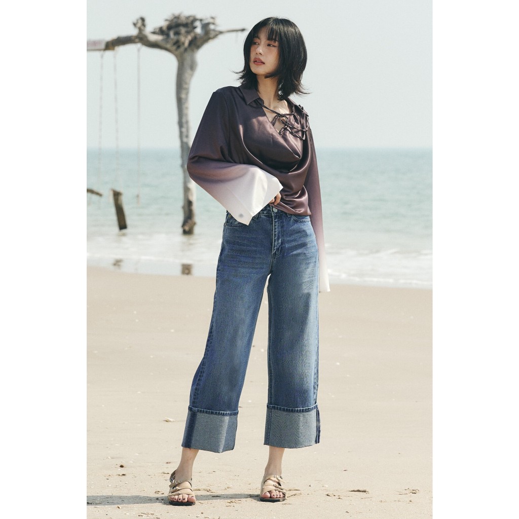TBY Jeans กางเกงยีนส์ผู้หญิง ผ้าไม่ยืดผู้หญิงขากระบอกยาวเอวสูง แบะตะเข็บ มุมกระเป๋าหลังขวาปักY (T3196)