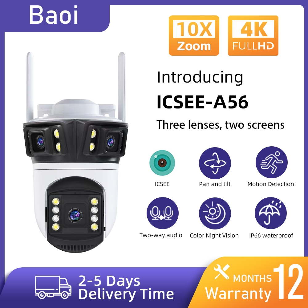 BAOI  ICSEE-A56 12MP 6K 3 เลนส์ไร้สาย WIFI กลางแจ้งกันน้ำสองทางเสียง AI เคลื่อนไหวติดตามปลุก 360 °กล้องรักษาความปลอดภัย