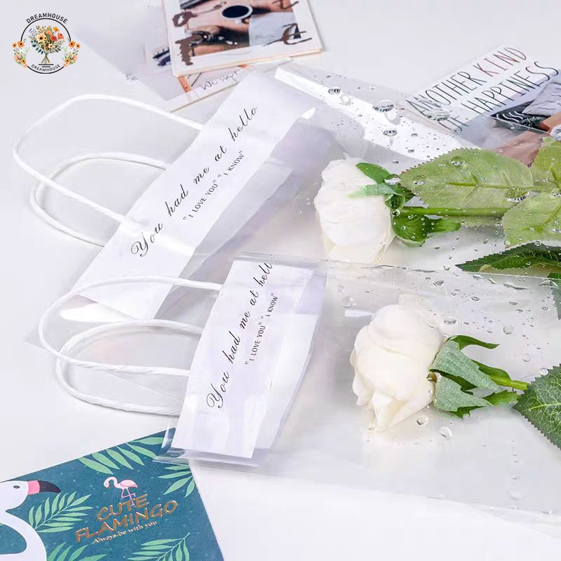 ถุงของขวัญ หูหิ้ว แบบใส ลายดอกไม้ สําหรับใส่ดอกไม้ ถุงวัสดุบรรจุภัณฑ์ช่อดอกไม้ สําหรับใส่ดอกไม้(ไม่รวมดอกไม้)