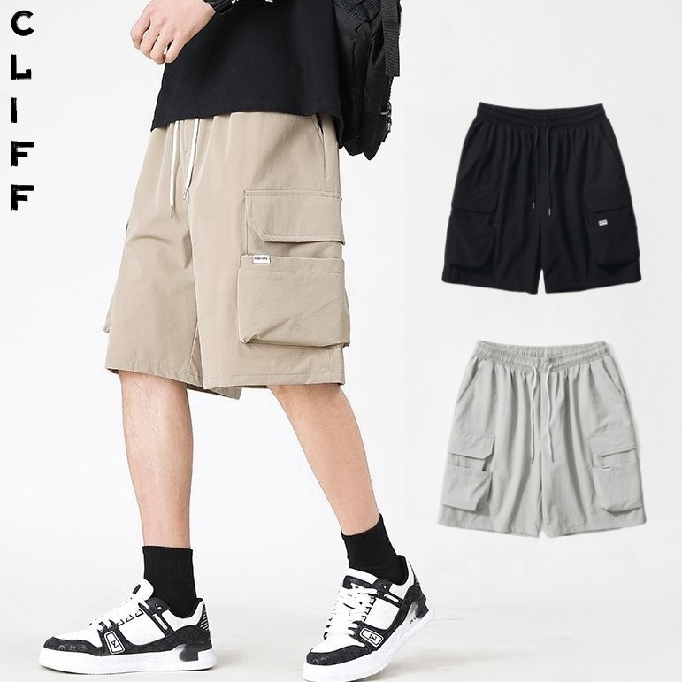 CLIFF กางเกงขาสั้นผู้ชาย หลวม เสื้อคนงาน กระเป๋าข้าง ลำลอง เอวยางยืด
