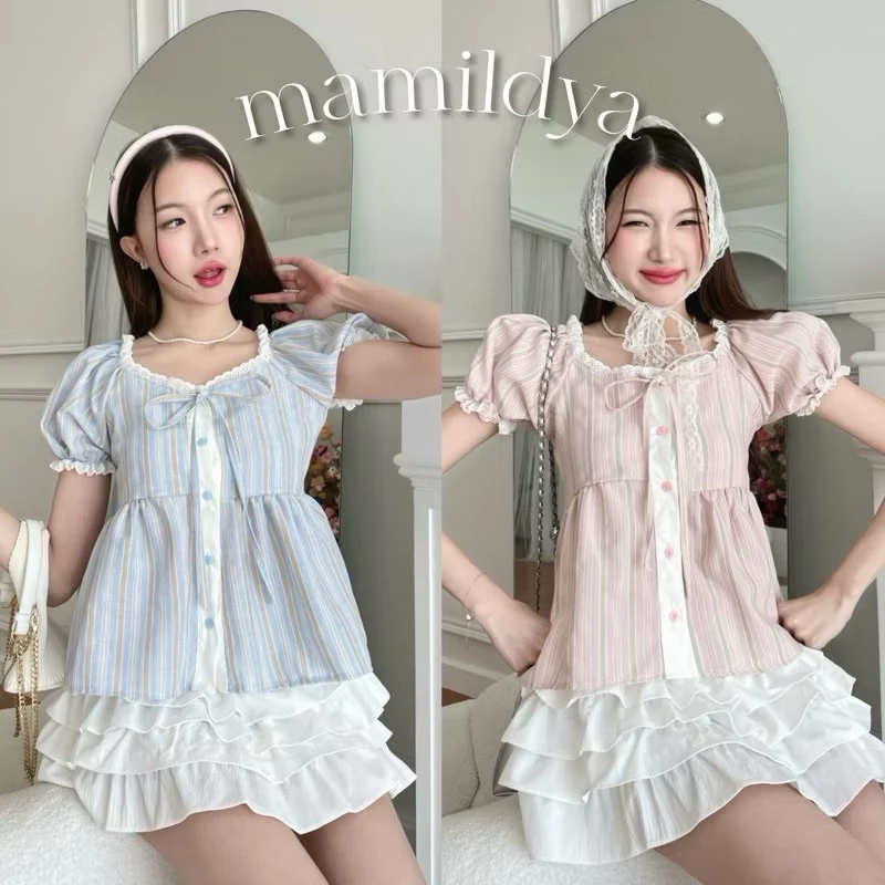 🌟Mamildya.shop🌟 เสื้อแขนตุ๊กตากระดุมหน้า น่ารักมากๆ ลายผ้าตัดกับสีกระดุมน่ารัก/S2-4/TOT-ริบขาว ⚫