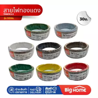 Big Home : สายไฟทองแดง GOAL THW 1x2.5 ตร.มม. 30 เมตร (ม้วน) สำหรับงานเดินสายไฟอาคาร ได้มาตรฐาน