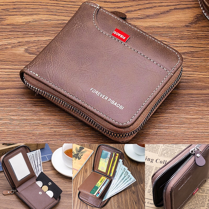 กระเป๋าสตางค์ผู้ชาย กระเป๋าสตางค์หนัง PU แบบคลาสสิก ความจุขนาดใหญ่ กระเป๋าสตางค์แบบมีซิป ใส่บัตรได้หลายใบ กระเป๋าสตางค์แ