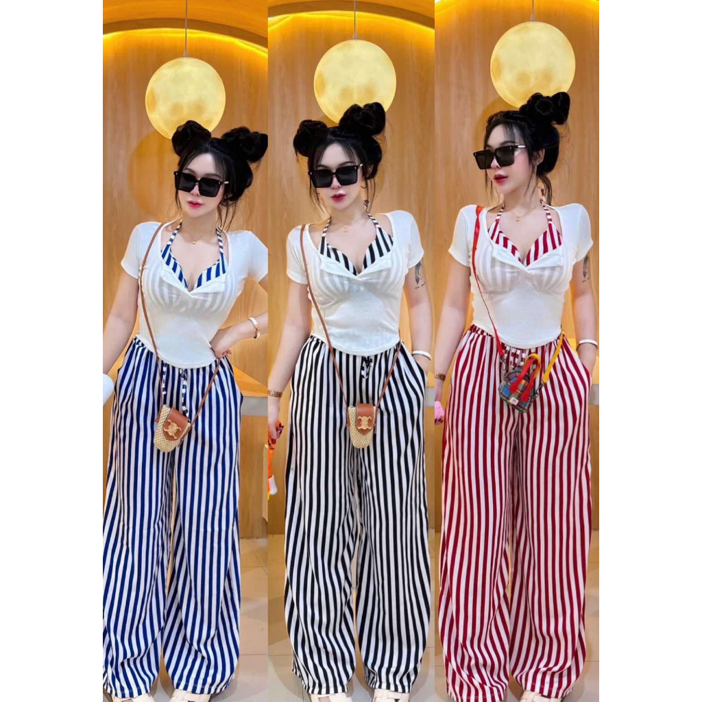 มาใหม่ใส่เล่นน้ำ JZ ชุดเซ็ต 3 ชิ้นลายริ้ว บราคล้องคอผูกหลัง + เสื้อครอปผ้าร่อง + กางเกงขายาวมีกระเป๋