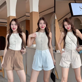 PANDA PD40 กางเกงขาสั้นเอวสูง แต่งหูคู่ ( ผ้าไมโคร ) แต่งซิปหน้า พร้อมตะข้อ S-2XL
