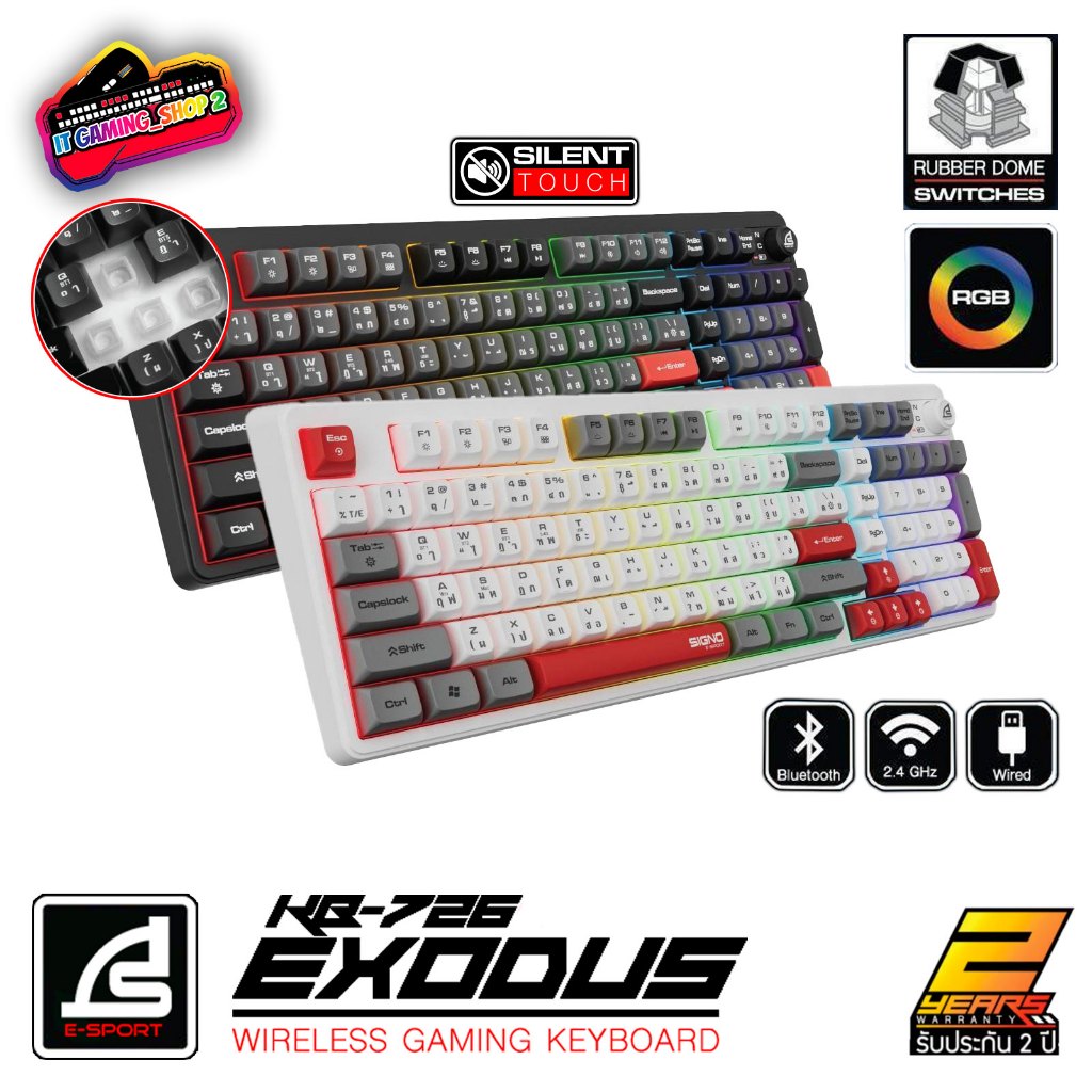 SIGNO KB-726 EXODUS Tri-Mode Rubber Dome Switch KeyboardGaming คีย์บอร์ดไร้สาย | รับประกัน 2 ปี
