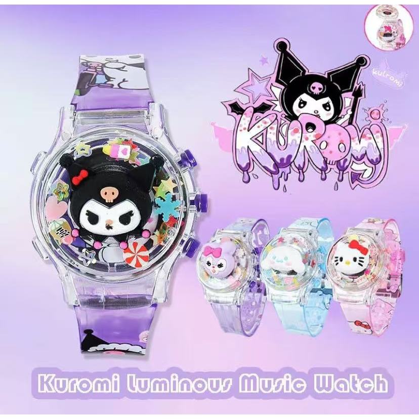 SANRIO นาฬิกา ซานริโอ คุโรมิ พร้อมกล่องของขวัญ สำหรับเด็กผู้หญิงหมุนเรืองแสงเพลงนาฬิกาที่มีสีสันกระ พริบเด็ก นำ นาฬิกาสำ