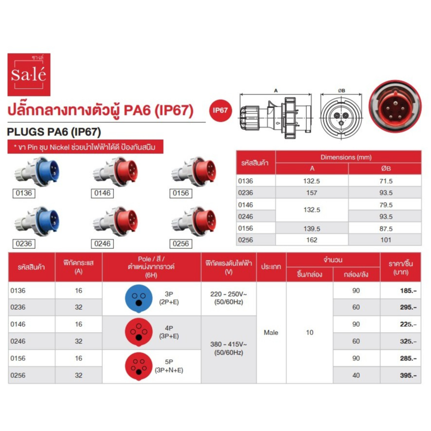 (ซาเล่) Sa.le ปลั๊กกลางทางตัวผู้ PA6 (IP67) รุ่น 0256