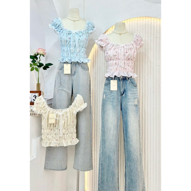 NN638 เสื้อครอปแขนตุ๊กตาผ้าปักฉลุ Peekanong