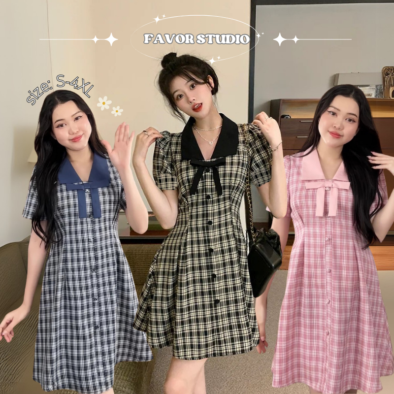 【S-5XL】 เดรสลายตาราง สไตล์ฝรั่งเศส คอปก ผูกโบว์ เอวเข้ารูป เดรสแขนตุ๊กตา เรียบหรู เดรสสาวอวบ พลัสไซซ์