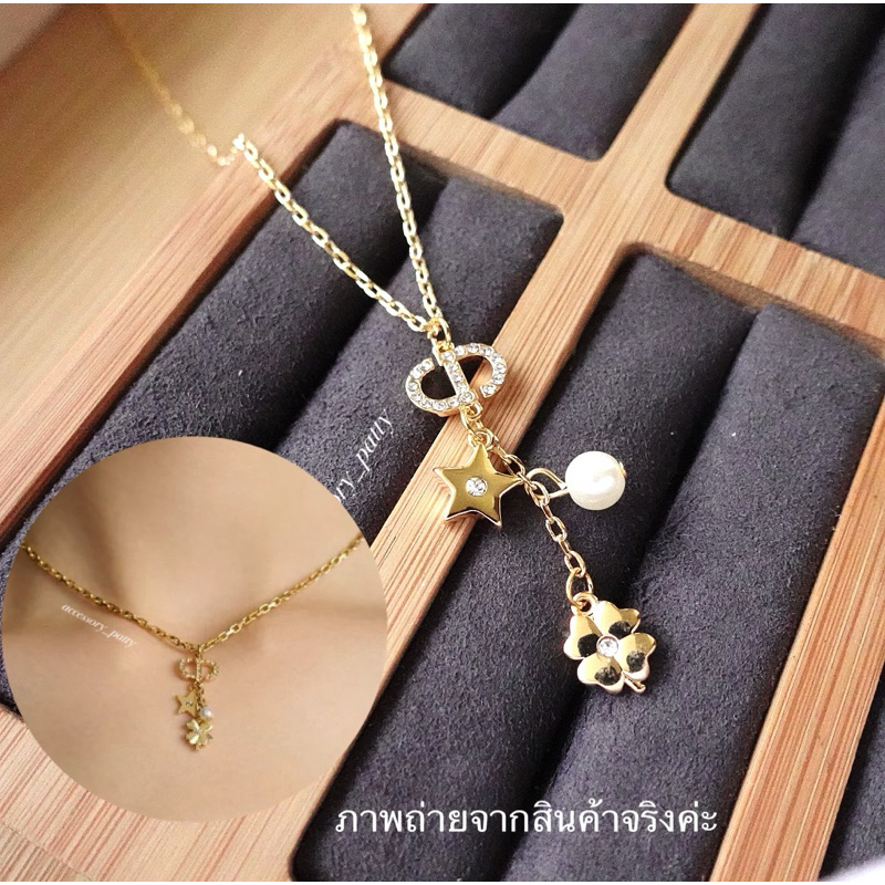 ✨สร้อยคอ รุ่นD/43 จี้ใบโคลเวอร์ใส่สวยใส่แล้วโชคดี งานตัวเรือนสีทองแต่งจี้มุก+ใบโคลเวอร์+ดาวฝังเพชร งานสวยเป๊ะสุดค่ะ✨