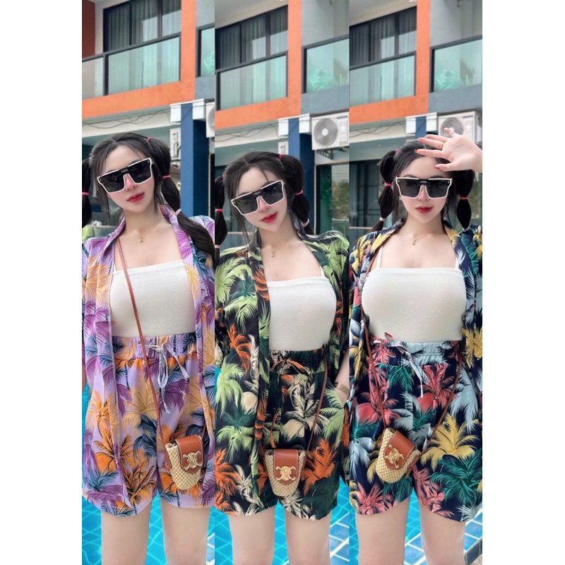 มาใหม่ใส่เล่นน้ำ OT ชุดเซ็ต 3 ชิ้น เสื้อเชิ้ตแขนสั้น + กางเกงขาสั้นมีกระเป๋าข้างผ้าไหมอิตาลี + เสื้อสายเดี่ยวผ้าร่อง น่า