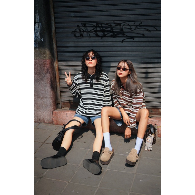 Rawii polo long sleeve  เสื้อแขนยาวโปโลลายทางผ้ายืดญี่ปุ่น 3 สี ดำ เขียว น้ำตาล