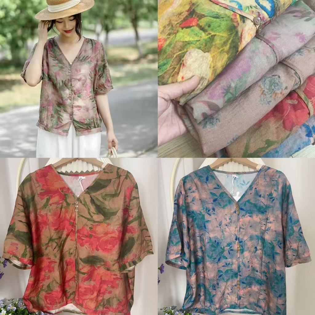 เสื้อเชิ้ตแขนสั้นพิมพ์ลายหลวมๆ สไตล์ฤดูร้อนใหม่สำหรับคุณแม่ คอวี เสื้อคลุมสวมศีรษะลายดอกไม้