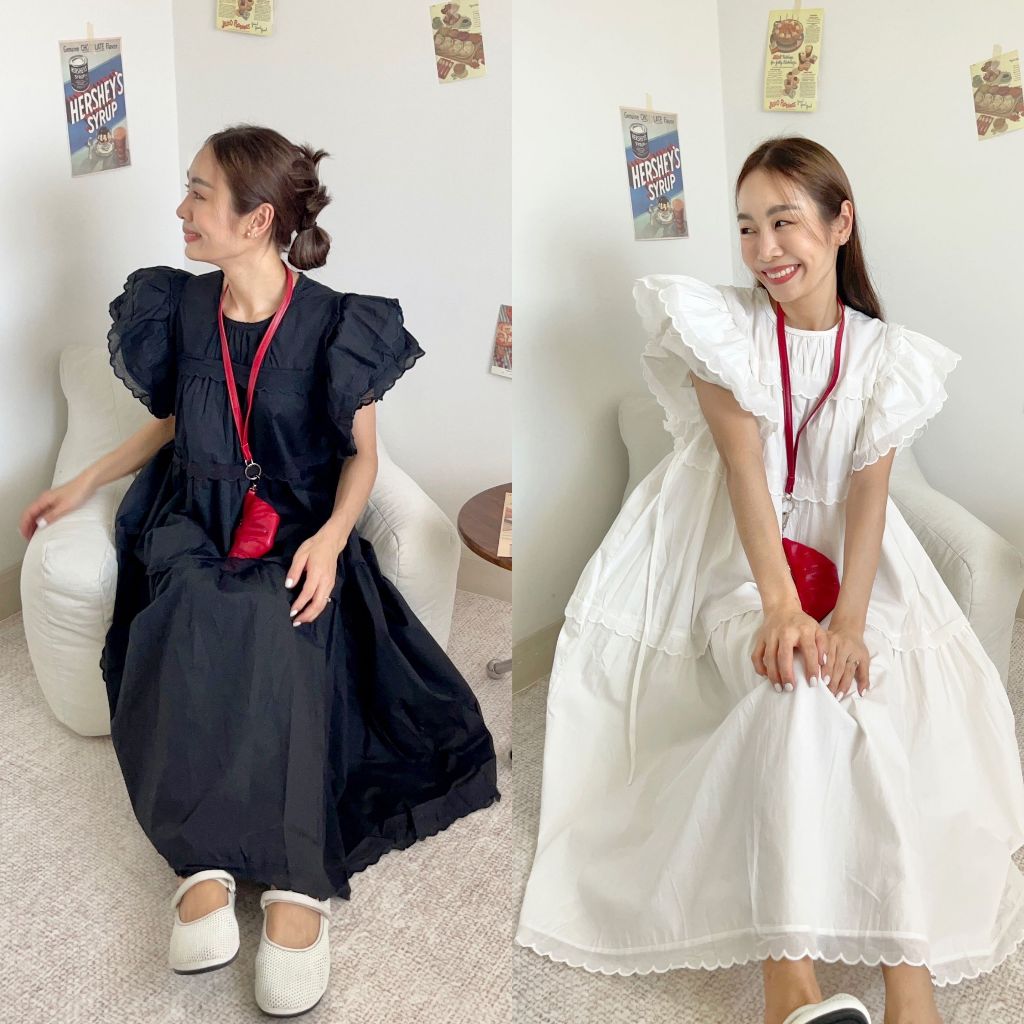 CHAWY Summer fluffy dress 🍮 C4229 เดรสยาวมินิมอล เดรสยาวระบาย มี 2 สี ดำ ขาว