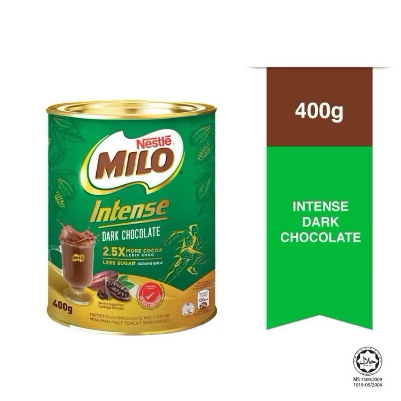 Nestle Milo Dark Chocolate Intense less sugar ผงไมโลดาร์กช็อกโกแลต สูตรเข้มข้น น้ำหนัก 400 กรัม สินค้ามีฮาลาล