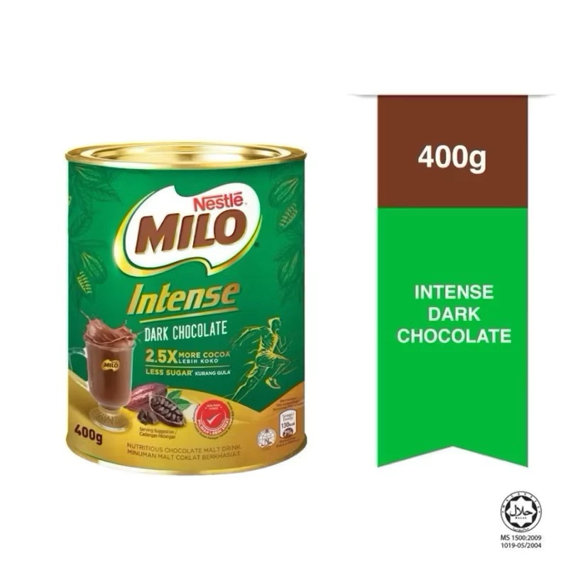 Nestle Milo Dark Chocolate Intense less sugar ผงไมโลดาร์กช็อกโกแลต สูตรเข้มข้น น้ำหนัก 400 กรัม สินค้ามีฮาลาล