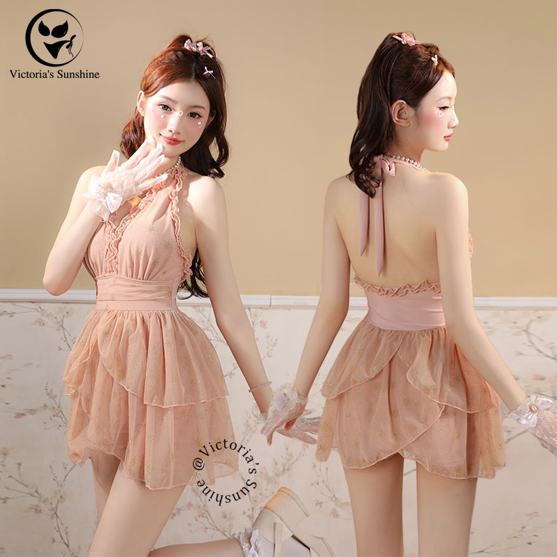 ชุดว่ายน้ำผู้หญิง ชุดว่ายน้ำแฟชั่น ชุดเดรสสีชมพู ผูกคอ มีฟองน้ำ summer#0698