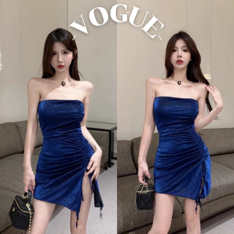 Vogue🌟พร้อมส่ง🌟 ชุดมินิเดรส ผ้ากำซาติส สีน้ำเงิน เรียบหรูคุณหนูมาก (FY2796)