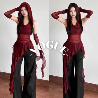 Vogue🌟พร้อมส่ง🌟 เดรส ฮูดดี้ผ้าซี่ทรู สีแดง แถมปลอกแขน ใส่สบาย (FY2801#1)