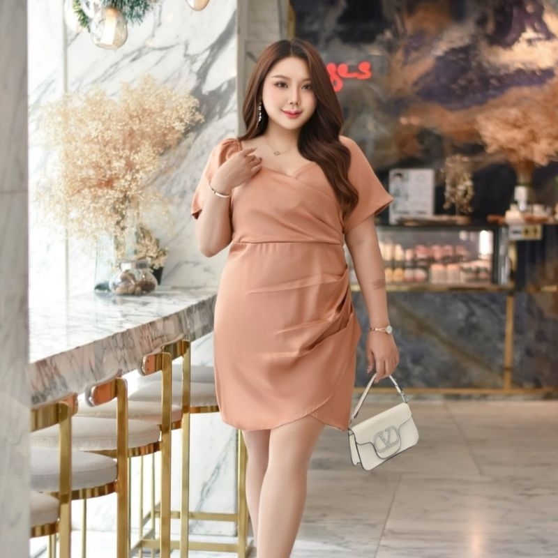 เดรสออกงาน อก40-50นิ้ว ชุดราตรีสั้น อกไขว้ กระโปรงไขว้จับจีบ ผ้าซาร่า สาวอวบ ไซส์ใหญ่ MG270