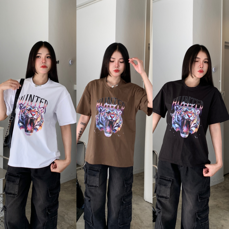 เสื้อยิดคอกลมแขนสั้น เสื้อยืดโอเวอร์ไซต์ OVERSIZE ทรงUNISEX สกรีนลายแน่นๆ รุ่น เสื้อยืดหยวน เสือhunt