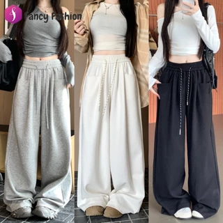Fancy กางเกงวอร์มผู้หญิง กางเกงขายาว ใส่แล้วดูผอม รุ่นสูง ขากว้างทรงตรง สีพื้น ดีไซน์เชือกรูด