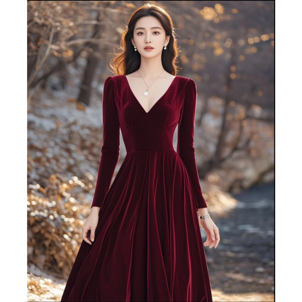 เดรสกำมะหยี่แดง คอวีแขนยาว เย็บจับจีบช่วงเอวกระโปรงทรงเอ พริ้วสวย Dress ออกงาน ชุดใส่งานปีใหม่ #9203 - รูปที่ 5